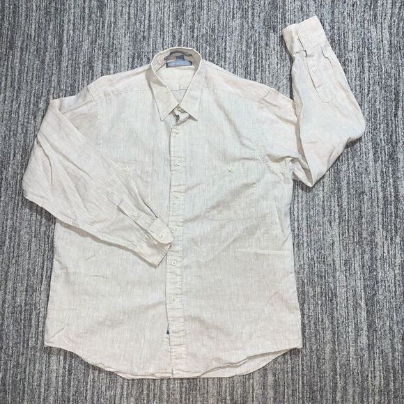 Vintage Van‎ Heusen Men's Size 17 34/35 Tan Linen Blend Long Sleeve Dress Shirt - Picture 1 of 5